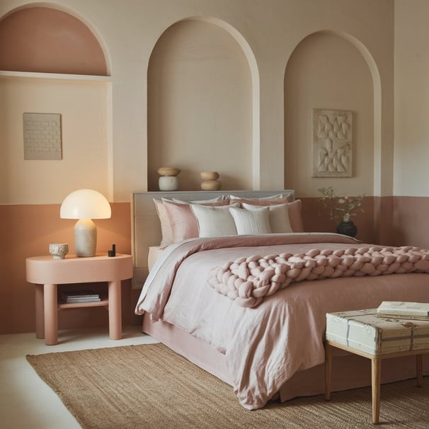 A serene bedroom with blush and beige tones, featuring soft lighting from a table lamp, a blanket