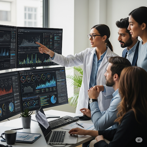 a group of people standing around a computer screen