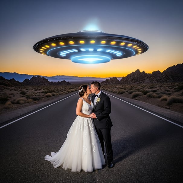 a bride and groom kissing in front of a ufo - like object