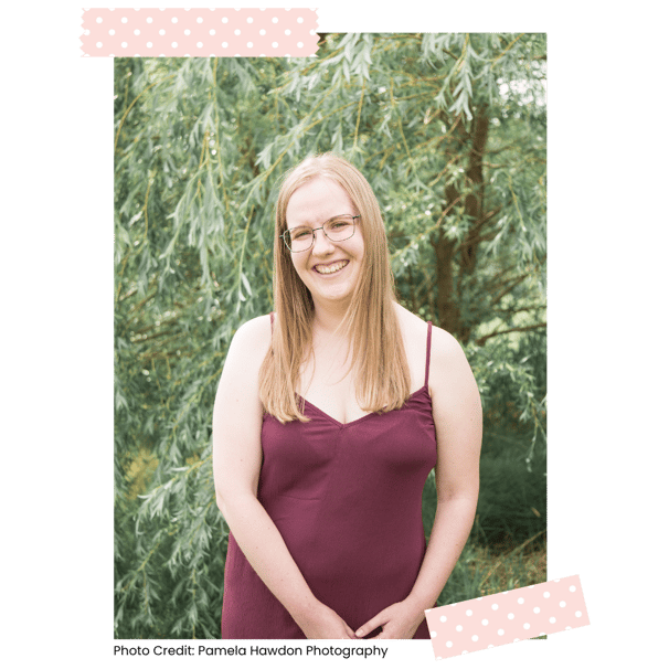 blonde woman in a burgundy dress - owner of a pop of colour designs