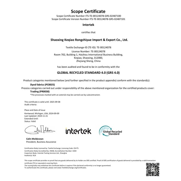 certificate of rongzhiyue global recycled standard