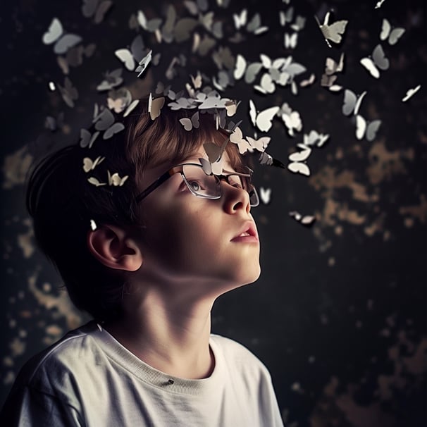 A young neurodiverse boy with glasses surrounded by paper butterflies