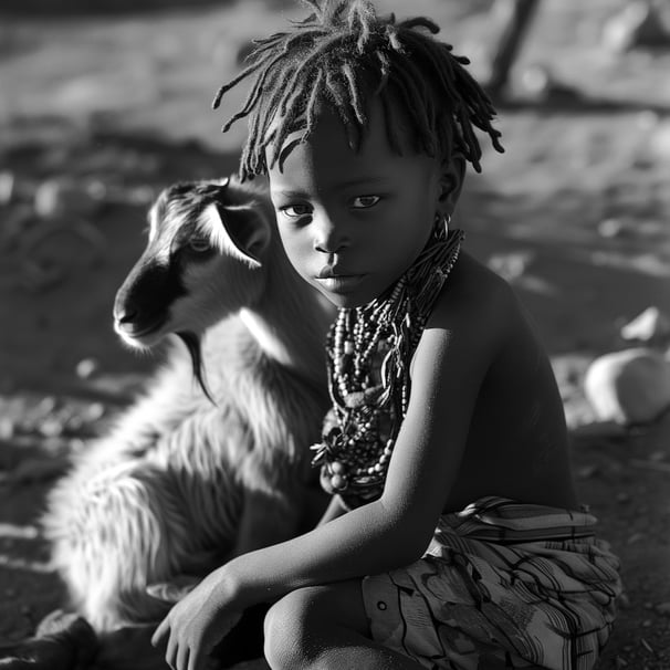 Peter Pickering's website shows a young Himba boy with dreadlocks beside his goat