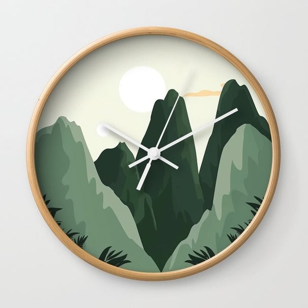 Jagged Green Mountains with Palm Framing Wall Clock BY Fresh Wave Lab
