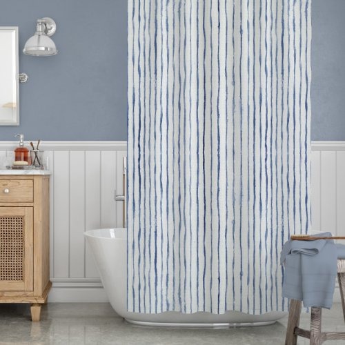 Watercolor Blue White Painted Striped Beach Decor Shower Curtain  |  by LuxuryBy