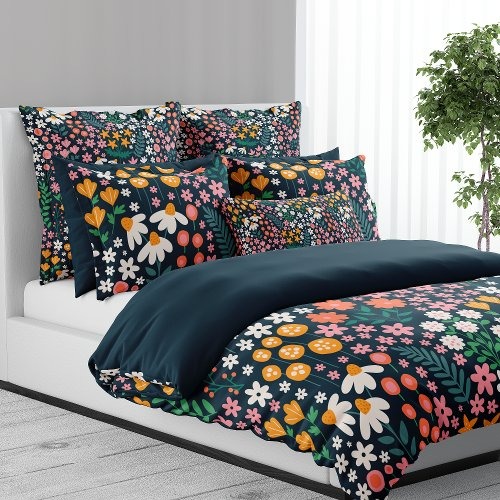 Whimsical Midnight Green Floral Wildflower Garden Duvet Cover |  by Printable P