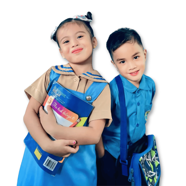 Two Shelomith students stand together, one with a colorful book, the other in a blue shirt and backpack.