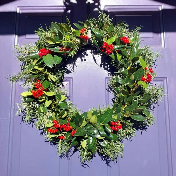 handmade rosemary holly berry and honeysuckle vine christmas wreath hanging on a sun-lit purple fron