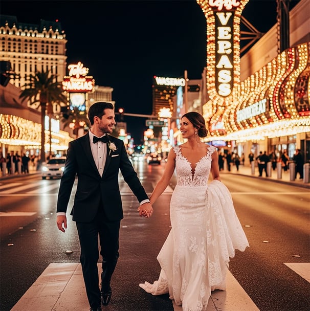 a bride and groom walking down the street