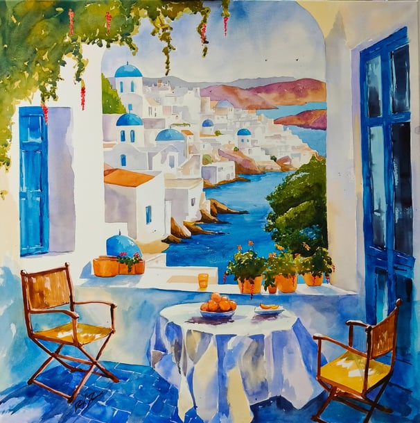 a painting of a setting for 2 on a balcony in santorini