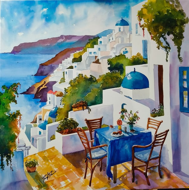 a painting of a table with a table set for two