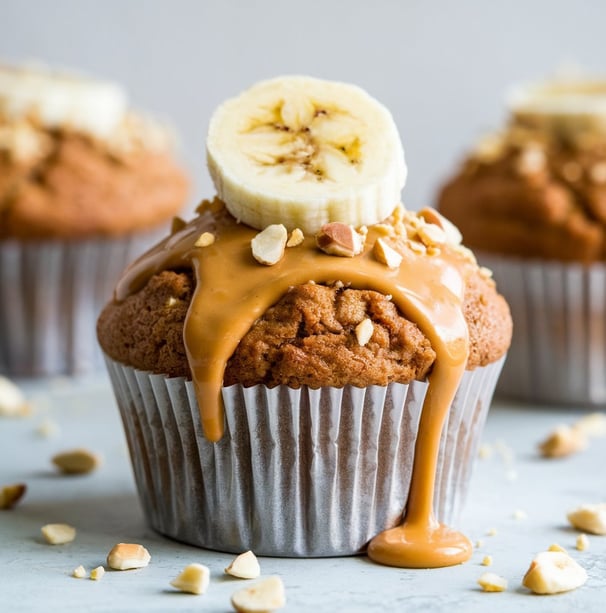 A peanut butter banana muffin with a smooth, golden-brown top and a drizzle of peanut butter cascadi
