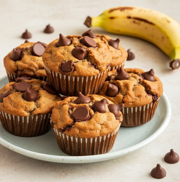 A plate of Banana Chocolate Chip Muffins