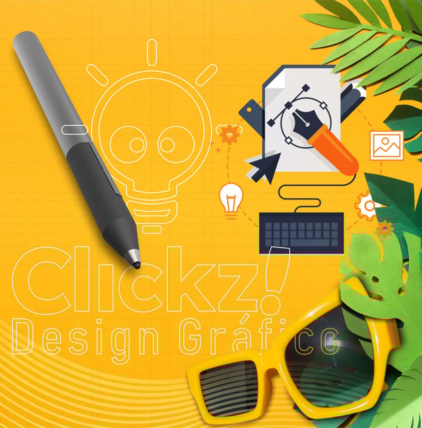 Caneta digital com objetos e elementos representando serviço de design gráfico