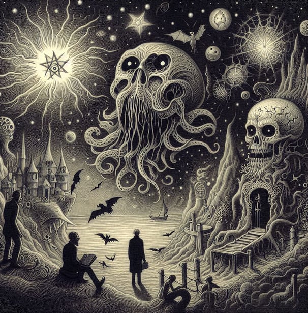 a man standing in front of a giant octopus