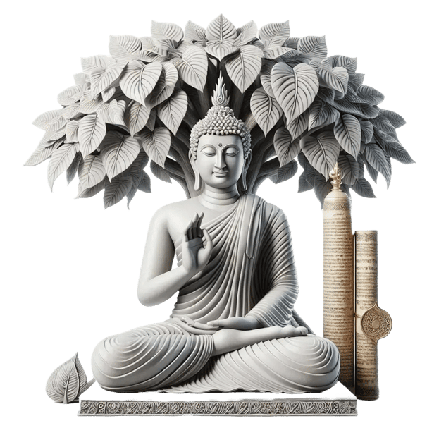 भगवान बुद्ध ध्यान में, बोधि वृक्ष के नीचे त्रिपिटक ग्रंथ के साथ