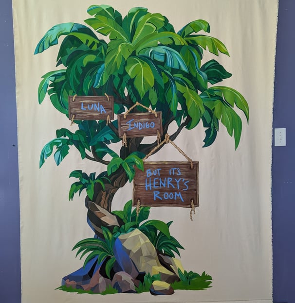 6-foot by 5-foot linen canvas tapestry mural of a lush jungle tree in greens and blues,, with signs and painted names.