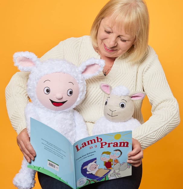 Carole Anne McKissock with Lamb in a Pram toys for book readings and author visits.