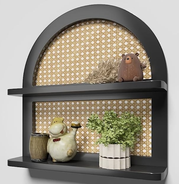 black and rattan wall shelving