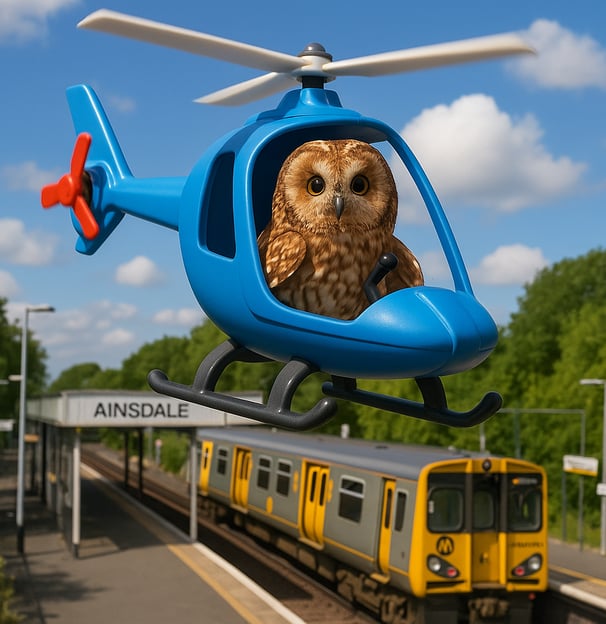 owl flying a helicopter over a mersyrail train