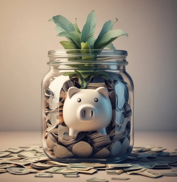 A hand holding a smartphone in front of a wooden background. The phone screen displays a financial investment application with the text 'The smartest thing to do with your money'. Below it, there are illustrations of stacked coins and a call-to-action button labeled 'Start investing'.