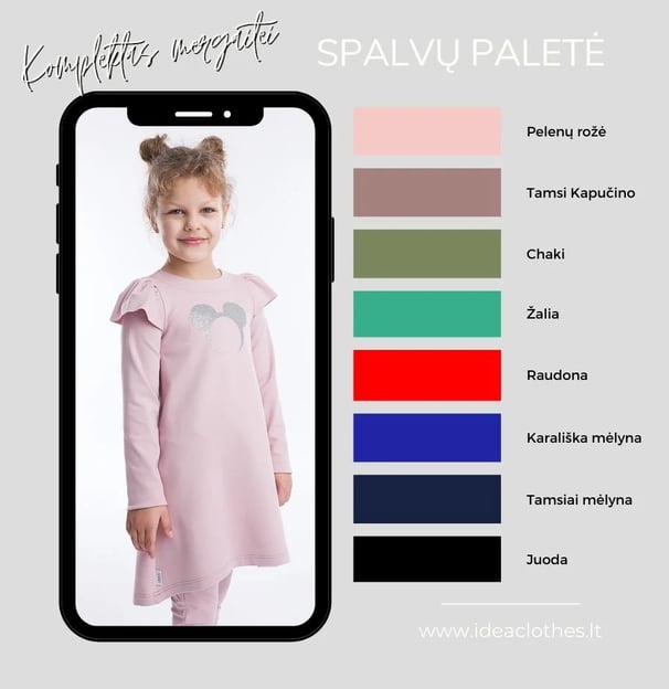 Mergaitė šviesiai rožinės spalvos kompletu (tunika ir kelnės). Pateikta audinio spalvų paletė.
