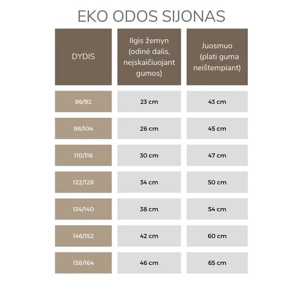 EKO odos sijono dydžių lentelė