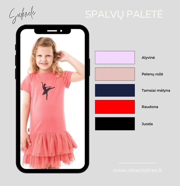 Mergaitė koralo spalvos suknele. Audinio spalvų paletė