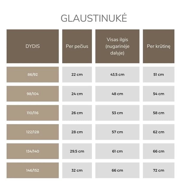 Glaustinukės dydžių lentelė