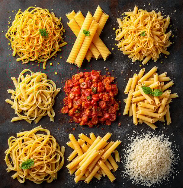 a variety of pasta with tomatoes and cheese
