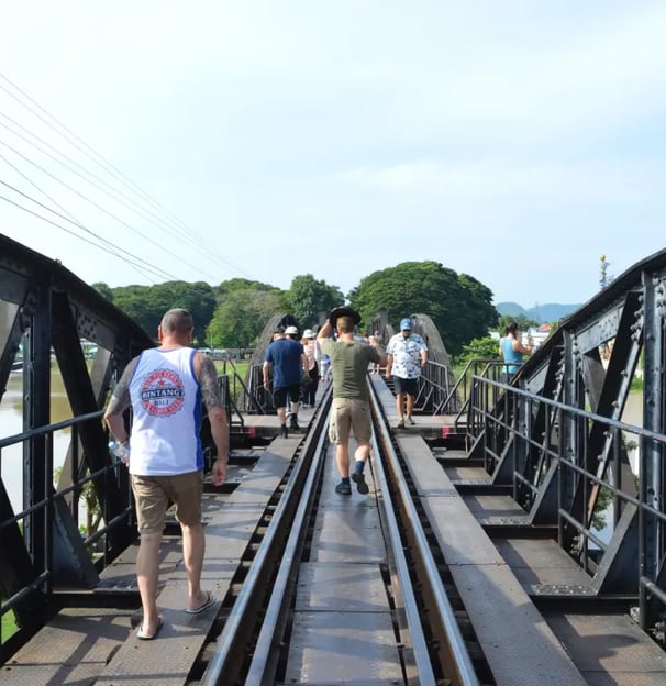 St Andrews Australia Research Team crossing the Bridge over the River Kwai 2023 Tours of War