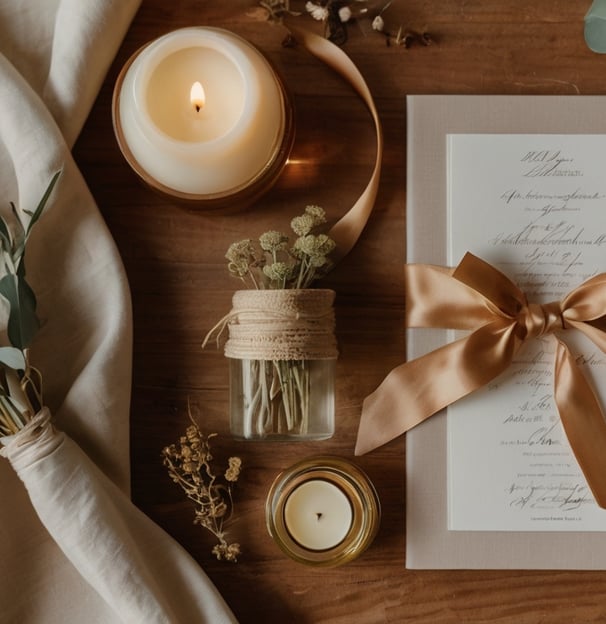 a wedding invitation with a candle and a candle