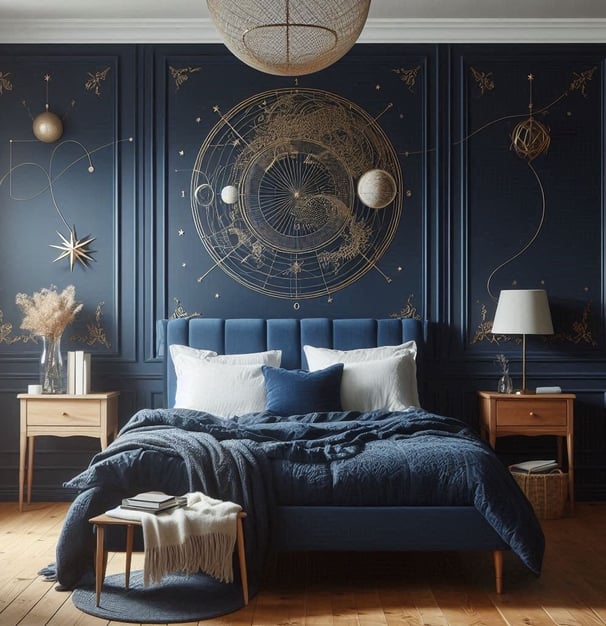 navy blue bed frame and comforter with wooden floors