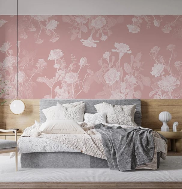 pink and white floral wallpaper with a neutral bedroom