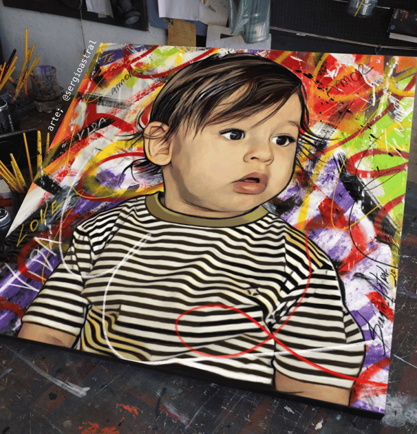 Pintura personalizada de uma criança sorridente, obra de arte vibrante.