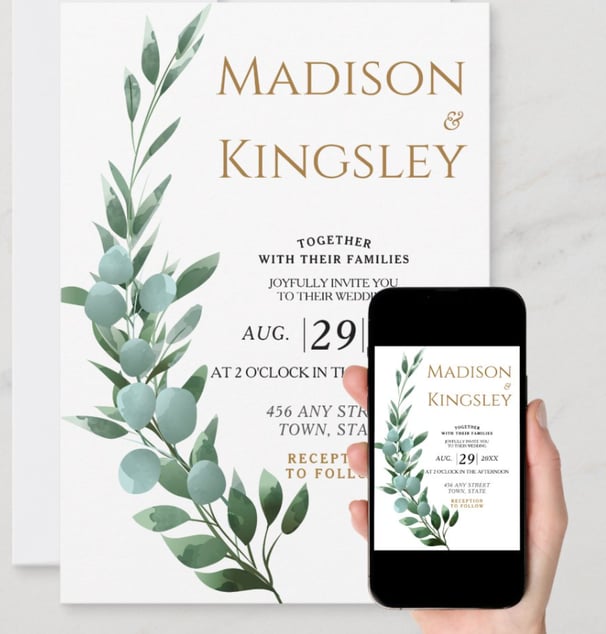 a person holding a phone in front of a wedding invitation