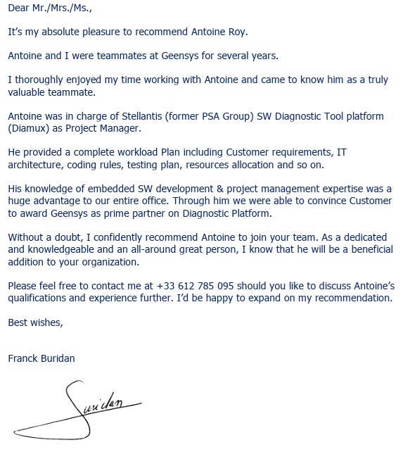Feedback from the Senior Business Manager in charge of PSA/Stellantis client