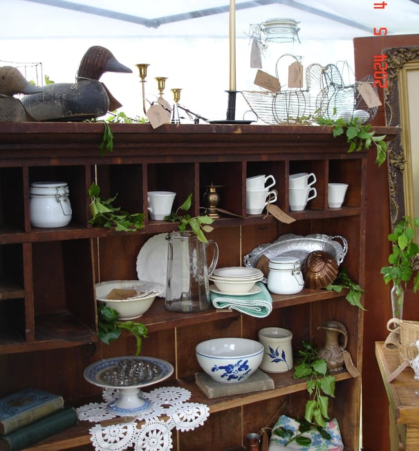 wooden shelf with thrifted china 