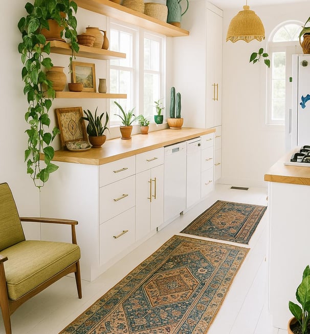 woven rug in boho kitchen