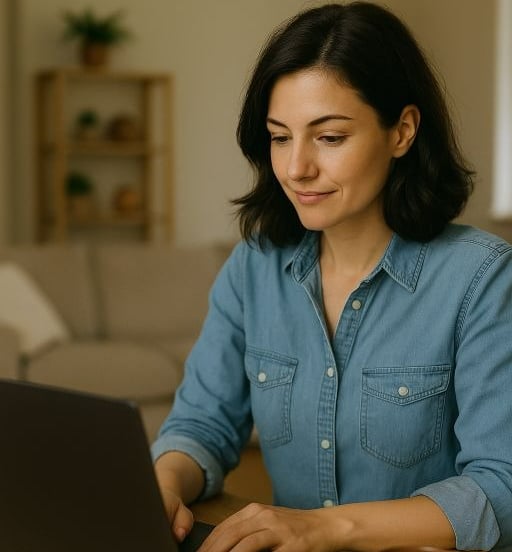 a woman sitting at a table with a laptop computer