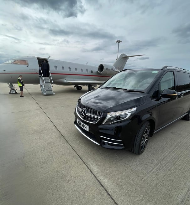 Private Jet Transfers | Mercedes V Class next to Vista Jet | Smart City Prestige