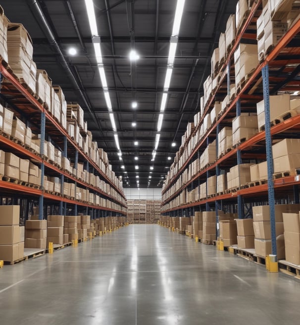 A large warehouse aisle flanked by tall metal shelves filled with stacked boxes and packages. The shelves extend towards the back of the warehouse, where they converge in the distance. The lighting is bright and industrial, with fluorescent lights illuminating the space.