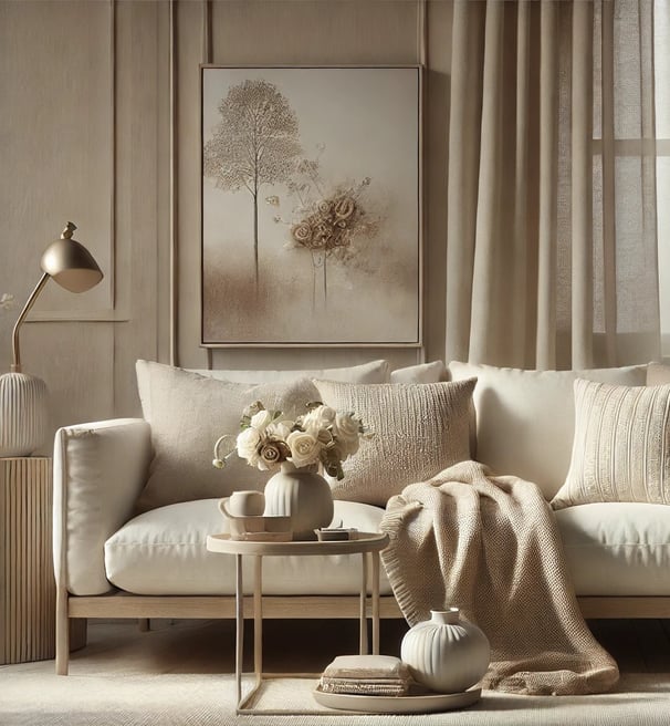 <img src="Sala de estar decorada com sofá em tons neutros, manta texturizada, almofadas decorativas,