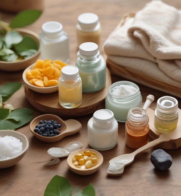 Various beauty and lifestyle items arranged aesthetically on a beige background. The items include a glass bottle with a dropper, an open jar of cream, a compact powder, a white candle, black sunglasses, a lip gloss, and large green leaves placed diagonally.