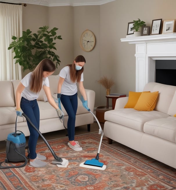A person is cleaning a sleek, silver car with a blue cloth and spray bottle inside a well-lit garage. The garage features modern, geometric ceiling lights and has a partially visible staircase in the background.