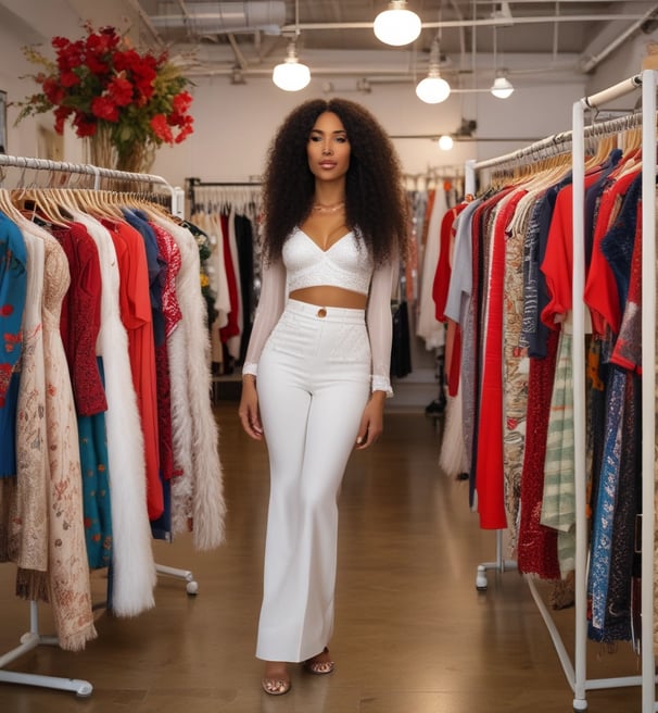 A stylish woman is dressed in a white sequined crop top and red pants, standing in a boutique or clothing store. She has long, wavy hair and is posing confidently beside a clothing rack filled with colorful garments. Nearby, there’s a mannequin wearing a floral dress, and a decorative vase with dried pampas grass adds an elegant touch to the scene.