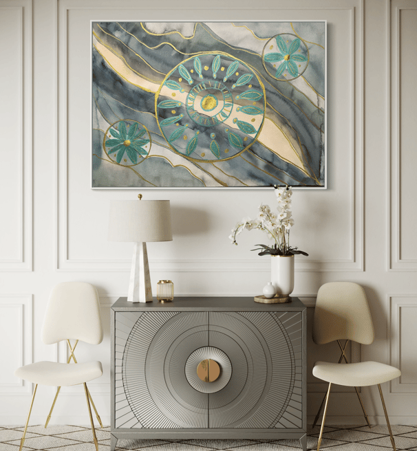 original painting blue waves floral circles