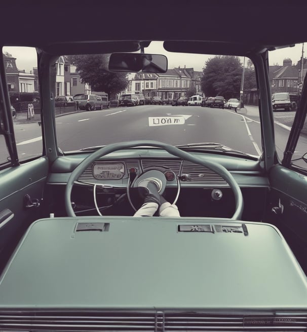 A person wearing a black helmet and gloves is driving a car with a manual transmission. They are seated in the driver's seat, holding the steering wheel, and the gear stick is visible. The interior of the car is modern and includes visible features such as the dashboard and rearview mirror.