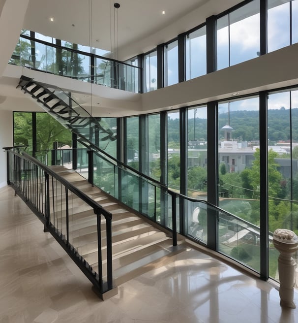 A set of round paneled windows featuring a pattern of circular glass pieces arranged in a grid. The glass has varying levels of transparency, with some displaying a slight iridescent effect. The framework is dark, contrasting with the light filtering through the windows.