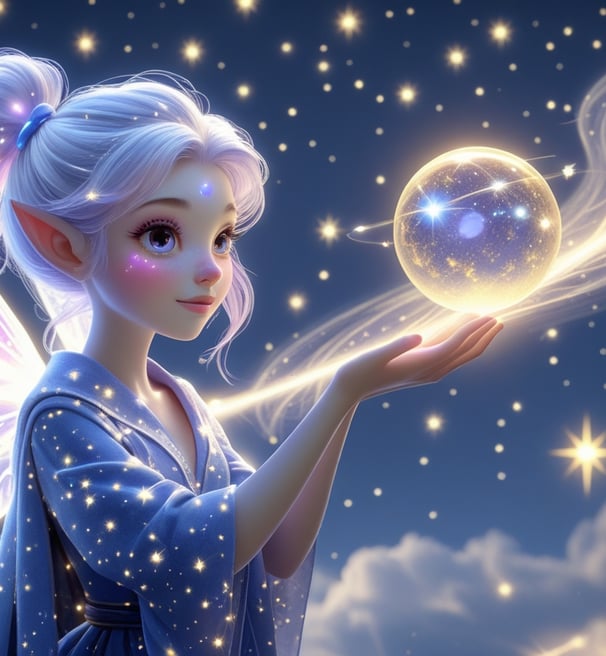 A pixie with shiny wings and lavender hair holding a magical bubble of dreams